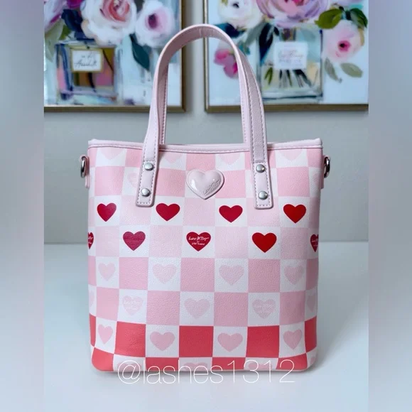 Women Bags Pink Heart Checker Tote Bag with Pom Charm - Picture 2 of 8